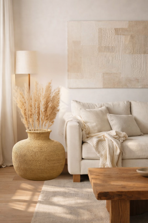 Natural Baba Tree Jemima 10 Cows Art Basket in Dune color, woven basket with cow motifs, handcrafted decorative storage piece