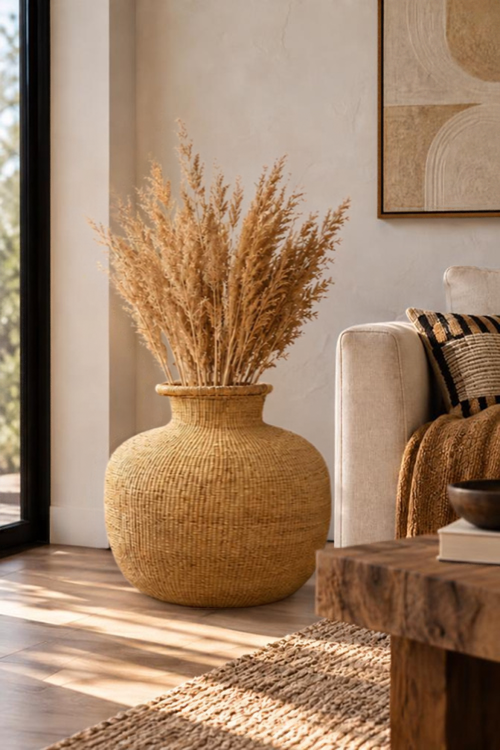 A large baba tree basket filled with dried ornamental grass, placed in a sunlit living room beside a sofa and wooden table.