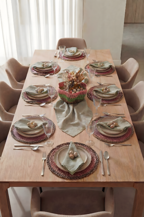 Baba Tree Harmony placemats with petite Pakurigo wave basket design, featuring woven natural fibers on a table setting.