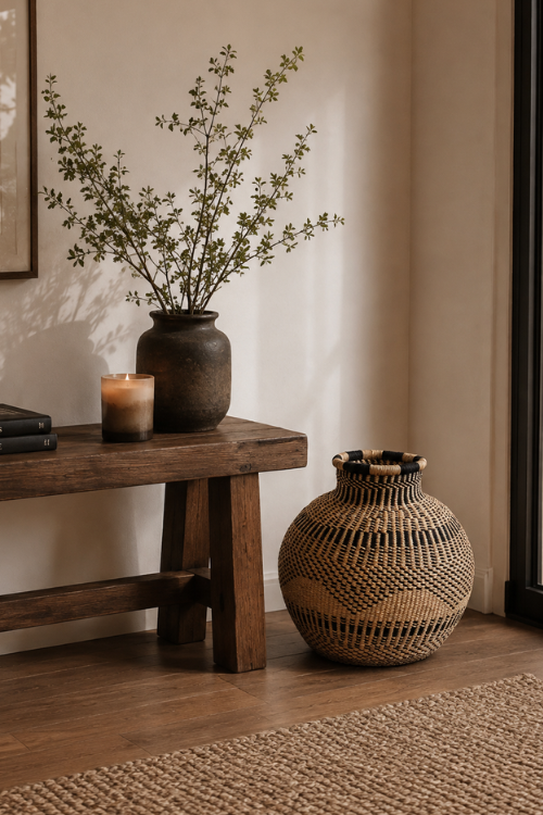 A rustic woven basket vase with a black rim sits on a wooden floor next to a dark wood bench holding a dark ceramic vase with green branches and a candle.