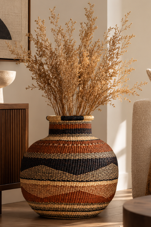 A large woven baba tree jemima 10 cows basket with a rounded body and narrow neck, decorated in horizontal bands of brown, beige, and black. It is filled with dried beige branches and is styled in a warm, modern interior setting.