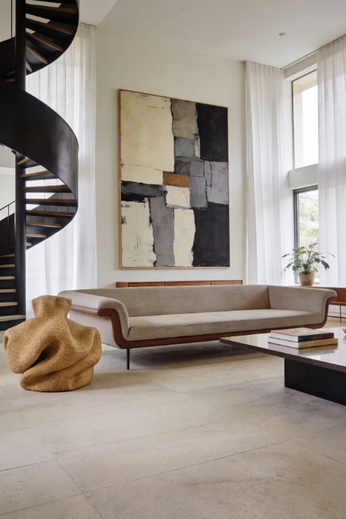 Baba Tree Yoomelingah Yure artisan art basket in natural dune color, stylishly displayed in a modern room setting.