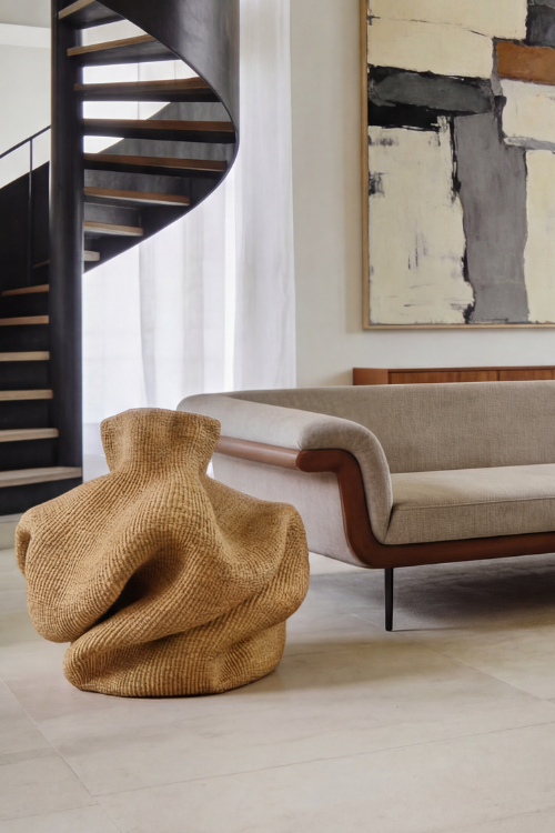 Baba Tree Yoomelingah Yure artisan basket in natural dune woven for decorative or storage use in a styled room.