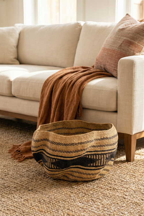 Pakurigo Wave Basket by Baba Tree in ebony triangle design, natural black storage basket for living room organization.