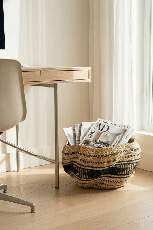 Ebony triangle Pakurigo Wave Basket by Baba Tree, natural black woven storage basket with geometric design, ideal for home organization.