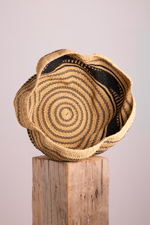 Baba Tree Pakurigo Wave Basket in ebony with triangle design, natural black storage basket for organizing home or office spaces.