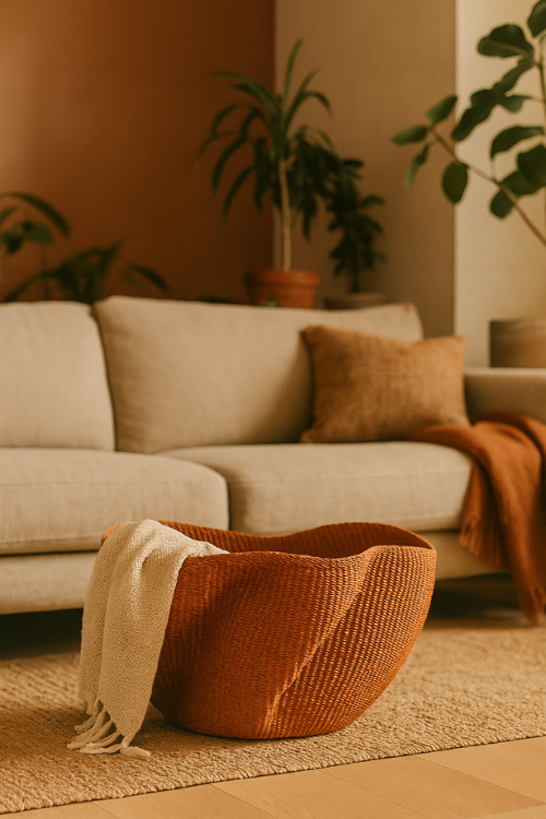 Babatree Pakurigo Wave Basket - Sienna styled in a living room with a blanket placed inside