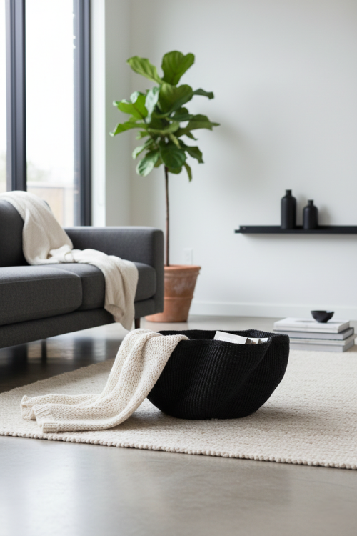 Pakurigo Wave Basket by Baba Tree in minimalist noir, black storage basket with a wave design, made for stylish organization.