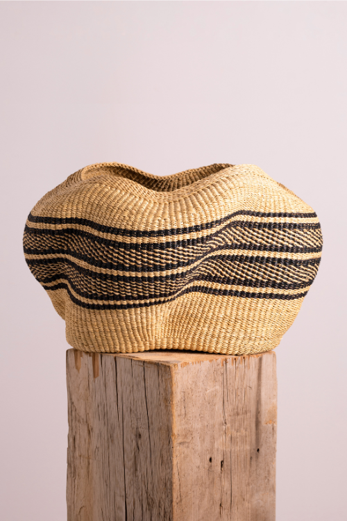 Baba Tree Pebble Art Basket in ebony and natural colors, woven with pebble accents, showcasing a handcrafted art basket design.