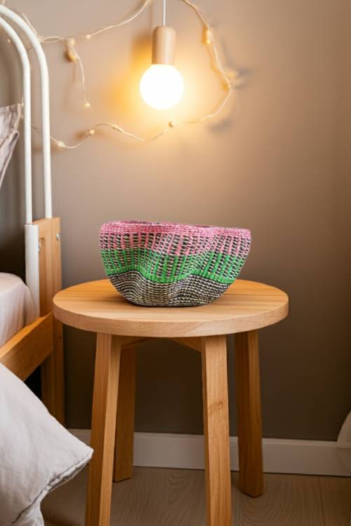 Petite Pakurigo Wave Basket by Baba Tree in Vibrant Mirage with palm and blush colors, used for stylish storage.