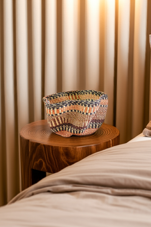 Baba Tree Petite Pakurigo Wave Basket - Gurunsi on a wooden side table against a beige curtain background