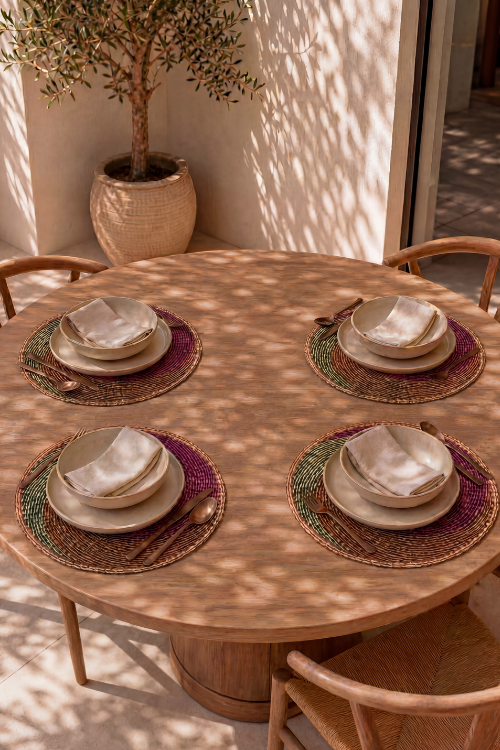 Round wooden dining table set with baba tree african swirl placemats, plates, and cutlery, surrounded by chairs, in a sunlit outdoor setting.