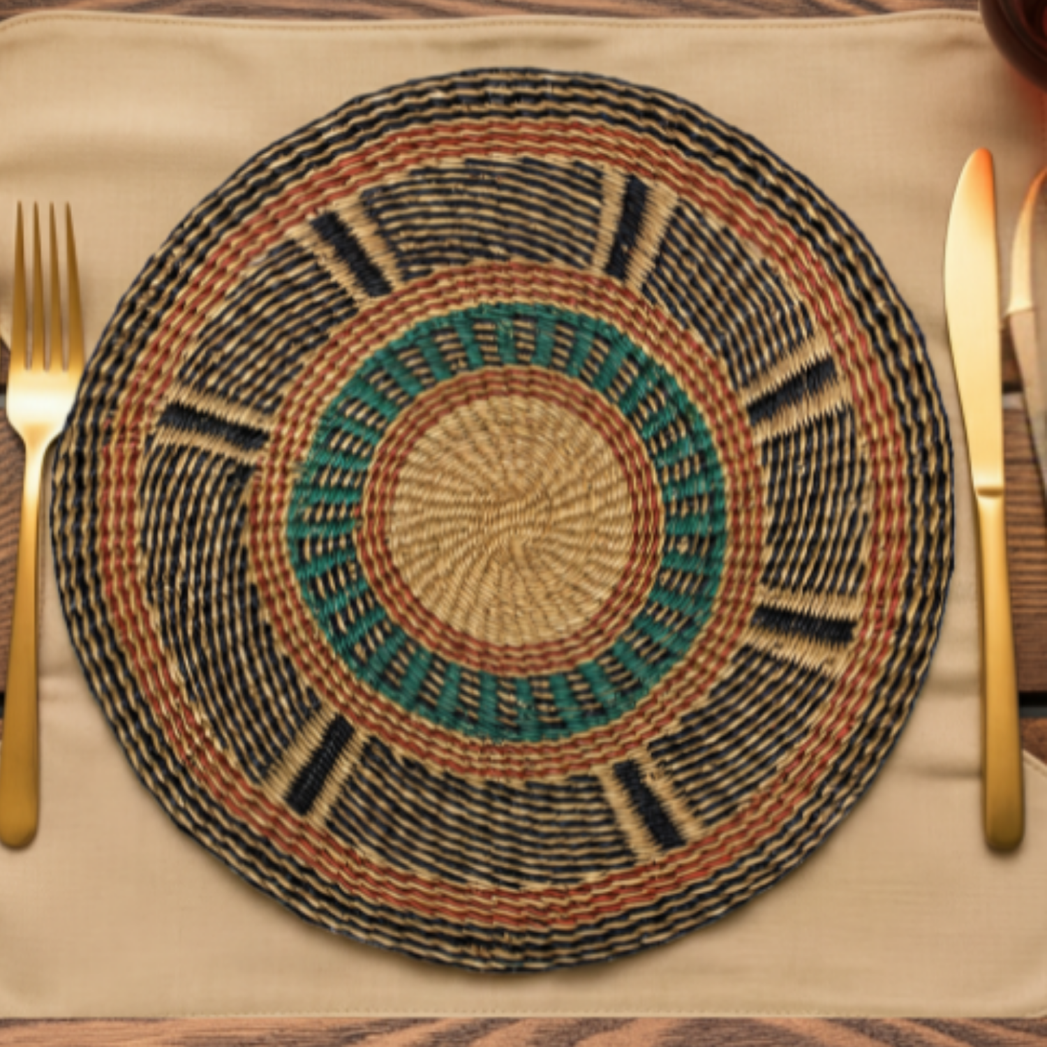 Baba Tree Decorative woven placemat on a table with cutlery