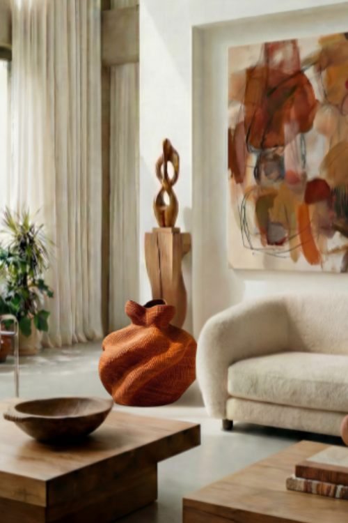 Baba Tree Yoomelingah Yure artisan basket in sienna with intricate woven design, handcrafted art basket for home decor.