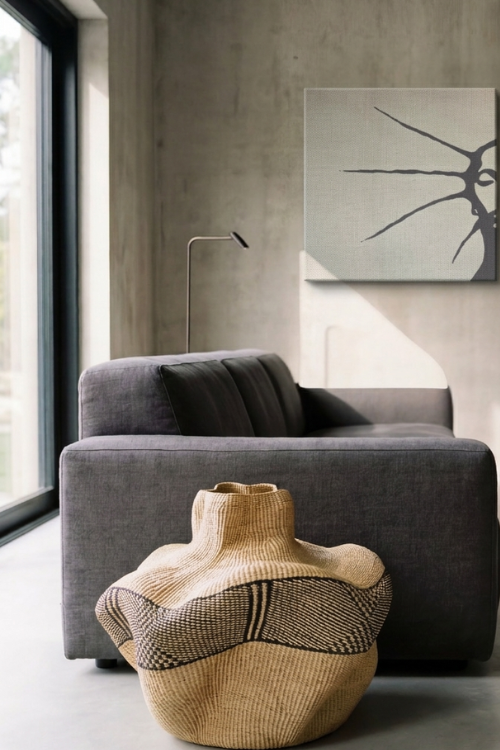 Artisan Baba Tree Yoomelingah Yure basket in ebony and natural woven fibers, showcasing intricate craftsmanship and traditional design.