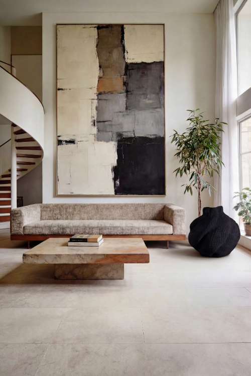 Yoomelingah Yure artisan art basket by Baba Tree in minimalist noir style, displayed in a modern-styled room setting.