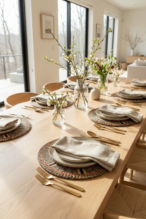 Baba Tree Golden Coast placemats set on a dining table with stylish tableware and a modern, elegant dining room setting.