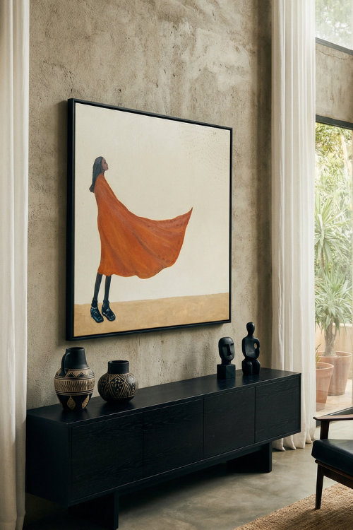Divine Breeze canvas art in a Modern interior with a black console table, decorative vases.