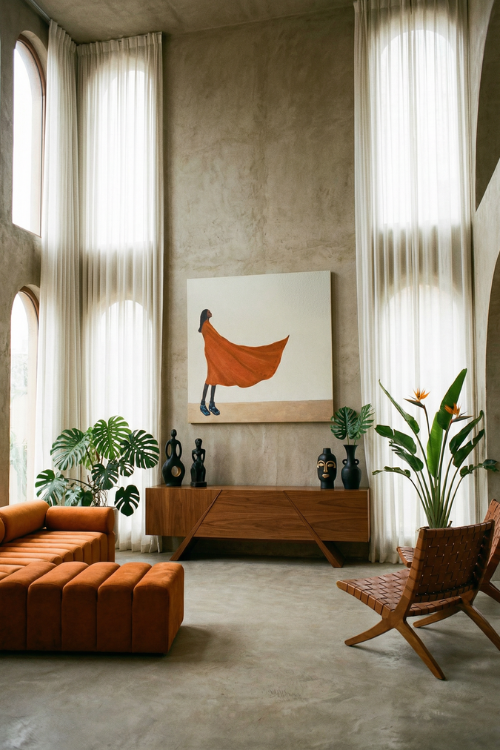 Divine Breeze canvas art by Rhen in a Modern living room with orange sofa, wooden coffee table, and decorative plants.