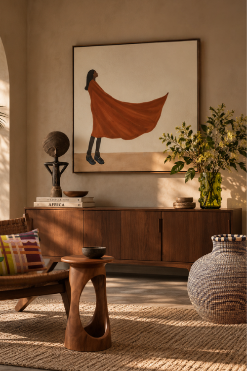A framed art print of Divine Breeze by Rhen depicting a minimalist figure in a flowing rust-orange dress, displayed on a beige wall above a mid-century modern wooden credenza in a beautifully styled living room.