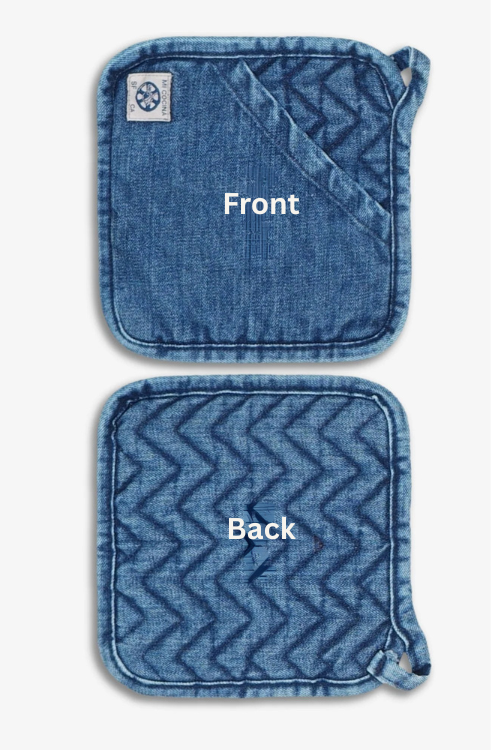 Two Mi cocina Denim Herringbone Quilted Trivet/Pot Holder, labeled 'Front' and 'Back' on a white background