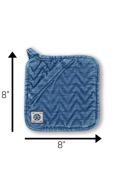 Mi cocina Denim Herringbone Quilted Trivet/Pot Holder with dimensions on a white background