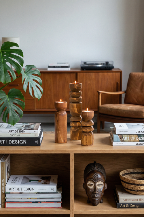 Wooden shelf with modern-abstract-candle-holder-set-cognac, books, decorative items, and a plant in a living room setting at september collective