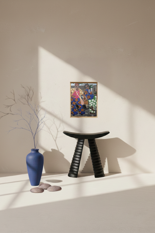 Contemporary black art print titled "Shakara" by September Collective, featuring vibrant abstract artwork on canvas.