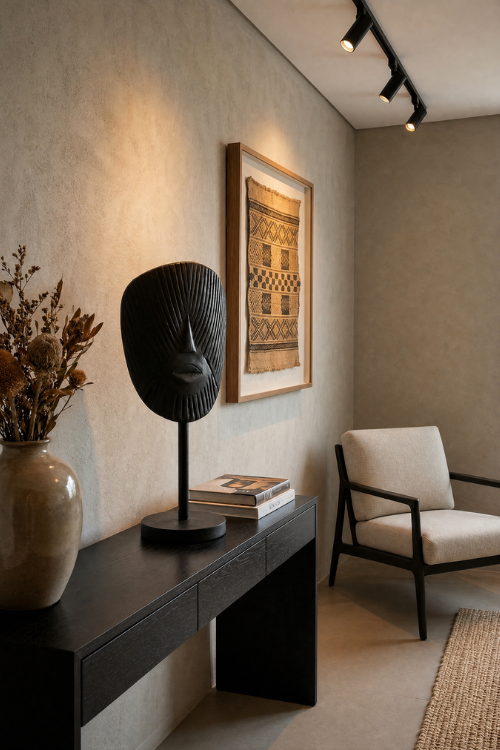 Sun Sum sculptural African mask sculpture by Tekura, featuring intricate carvings and vibrant traditional African design.