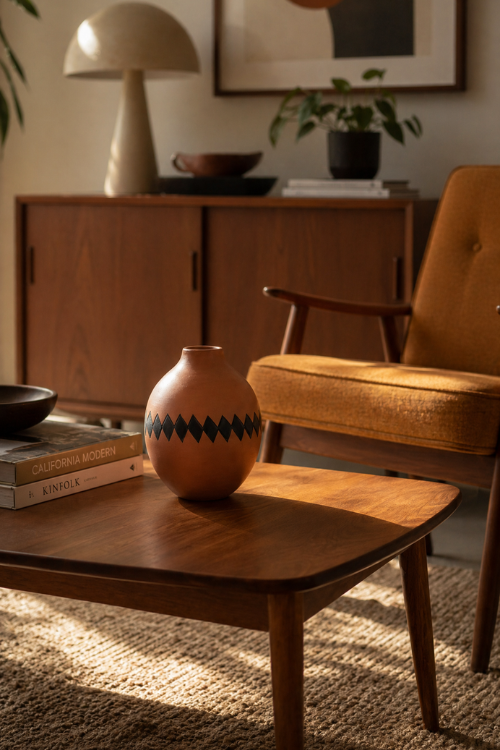 Hand-carved wooden Kuku vase sculpture by Tekura featuring intricate carvings and natural wood finish.