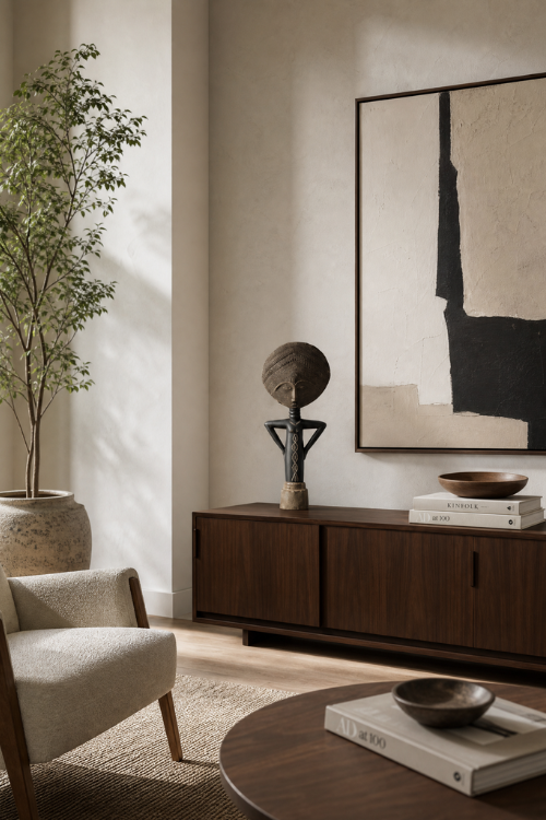 A styled interior scene with a dark wood sideboard against a warm beige wall, featuring a black-and-beige abstract wall art print, a textured akuaba sculpture, books, a bowl, a round coffee table, and a potted tree.