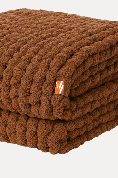 Villa Aburi Chunky Knit Blanket - Chocolate Brown with a brand logo on a white background