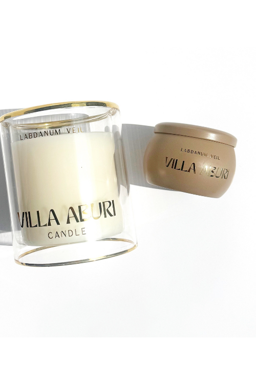 Villa Aburi Labdanum Veil scented candle in 11 oz glass with a warm, elegant design, perfect for adding cozy fragrance to any space.