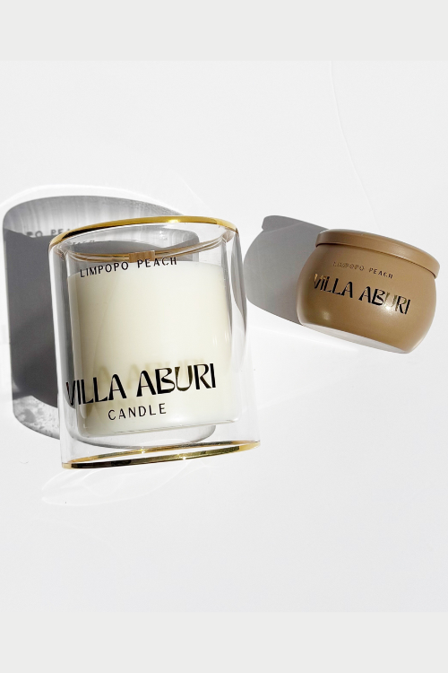 Villa Aburi Limpopo peach-scented travel candle in a 4oz jar, with a warm, inviting peach fragrance and natural candle design.