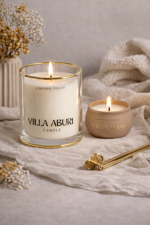 Villa Aburi Limpopo Peach scented candle showing a peach-colored glass jar with a wick and floral design, 11 oz/325 ml.