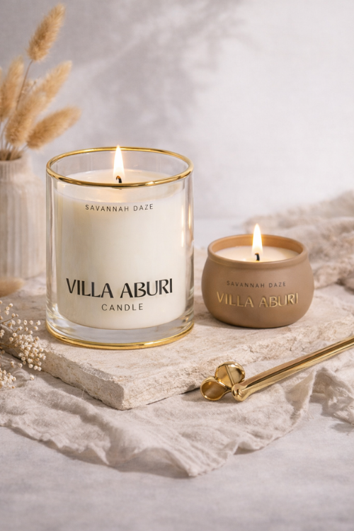 Villa Aburi Savannah Daze scented candle in 11 oz/325ml glass jar with a warm, earthy design.