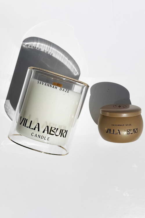 Villa Aburi Savannah Daze scented candle in 11 oz travel size, with a cozy, artistic candle design and warm earthy tones.