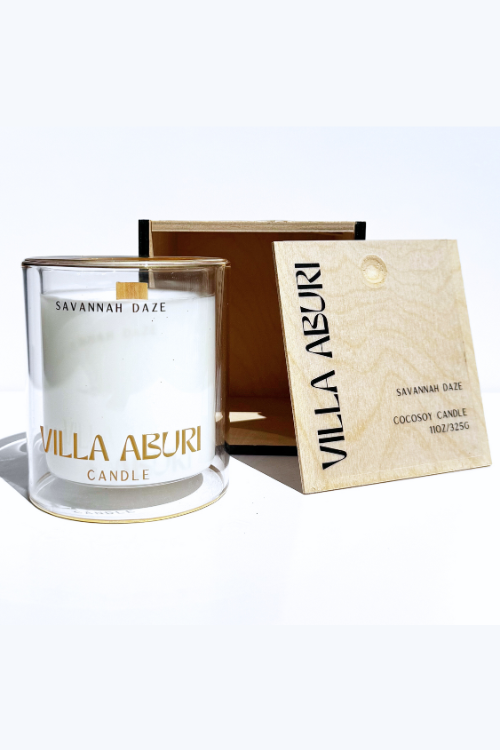 Villa Aburi Savannah Daze scented travel candle in a 4oz/100ml glass container, showcasing a warm, earthy design.