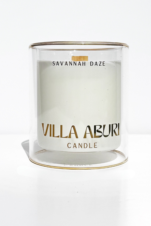 Villa Aburi Savannah Daze scented candle in 11 oz/325 ml glass jar, featuring warm, earthy tones and a decorative label.