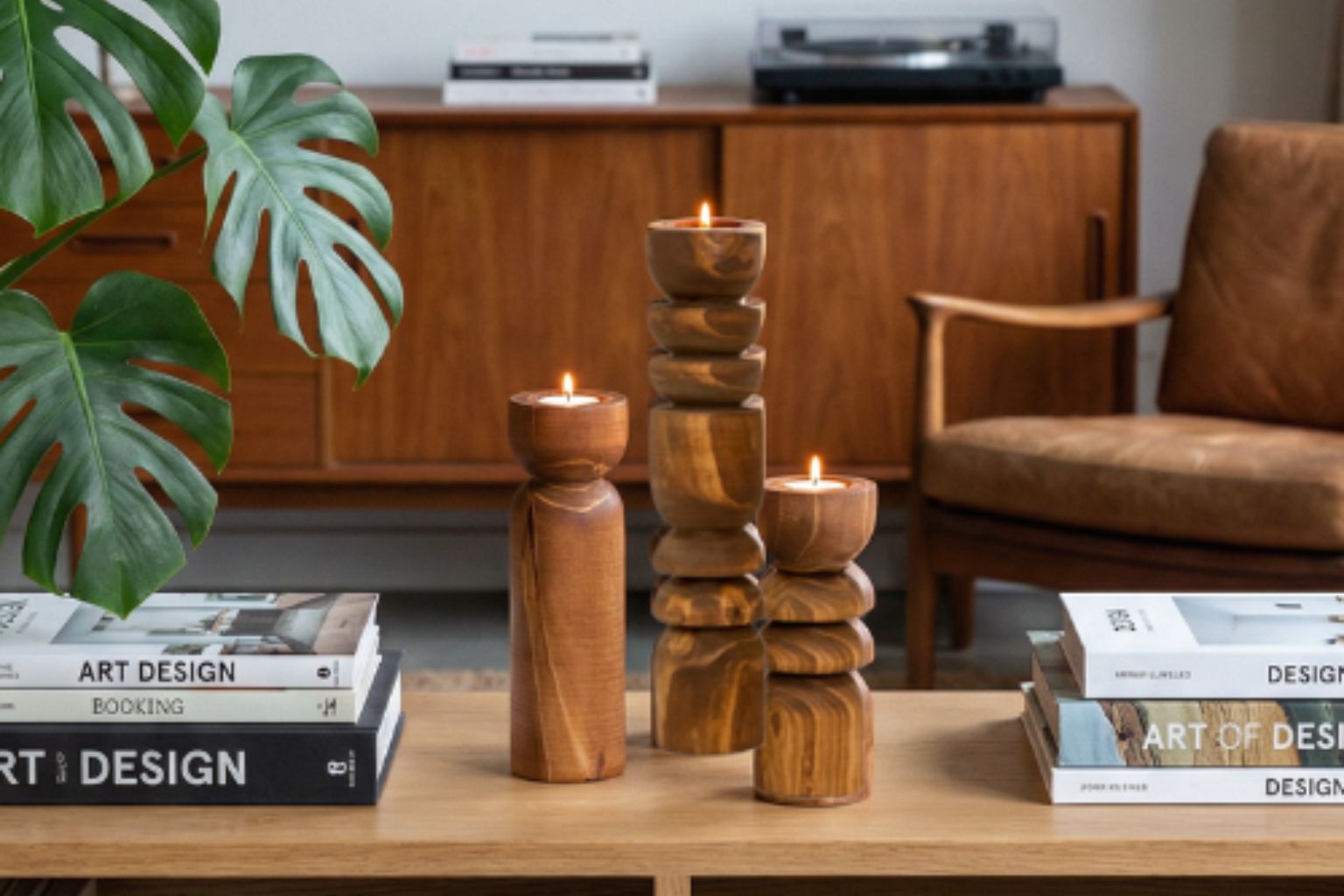 Abstract candle holders in a styled setting.