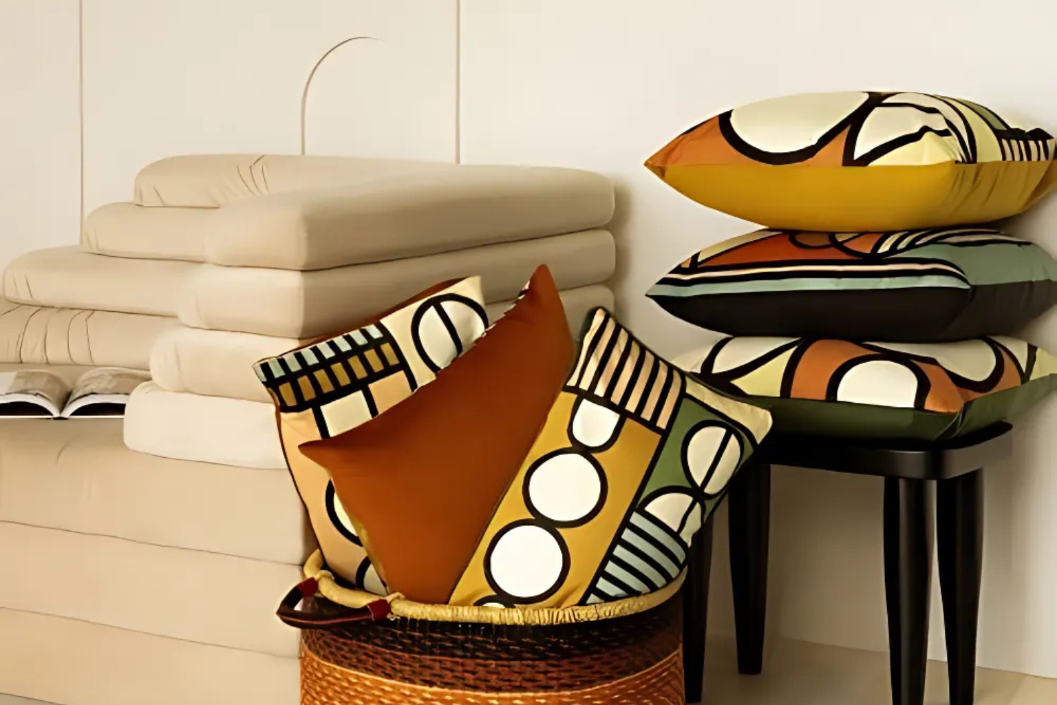 Geometric velvet pillows styled in a Baba Tree Tub basket and on a Tekura stool.