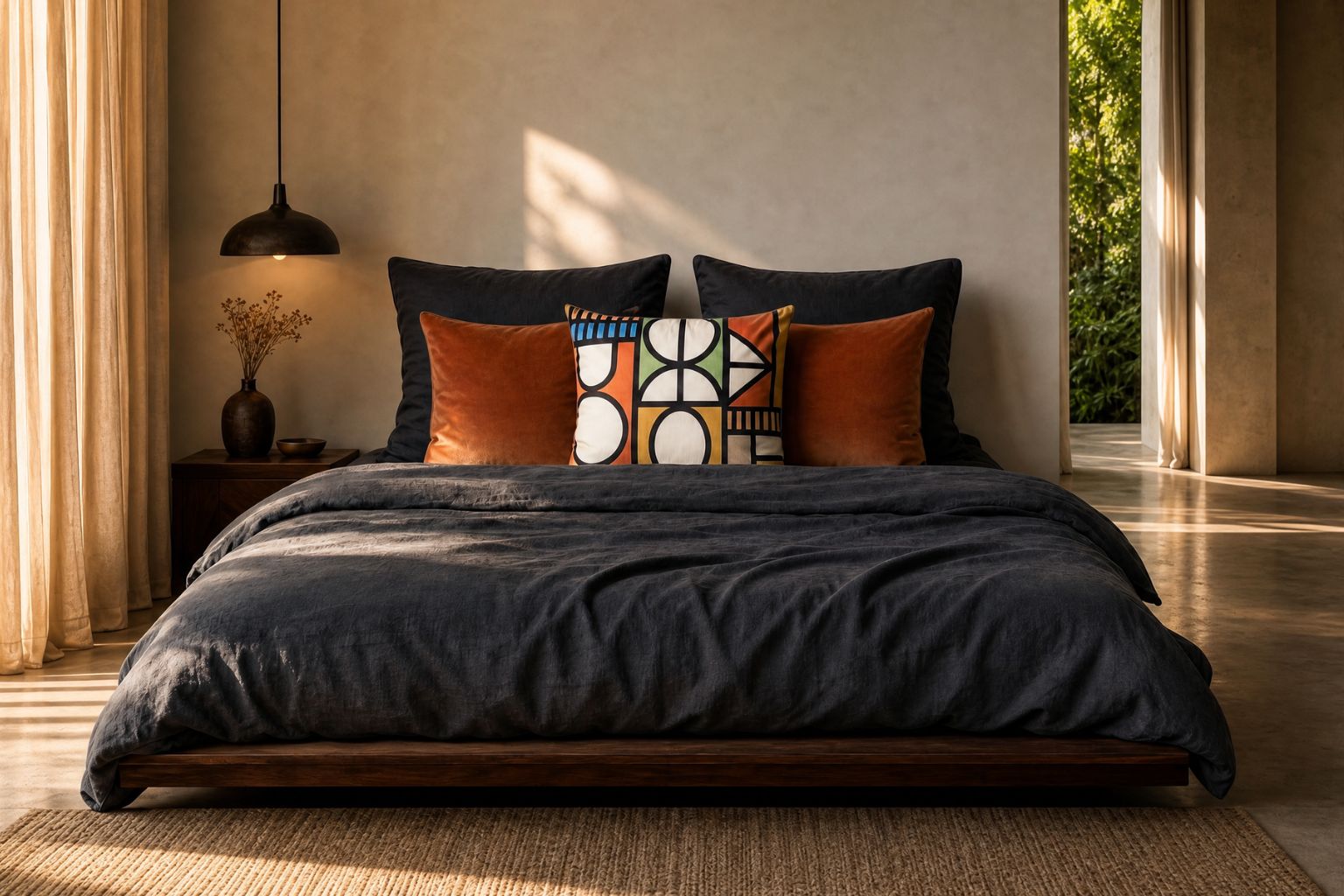 Lulasclan Legae pillows in a styled bedroom on a bed.