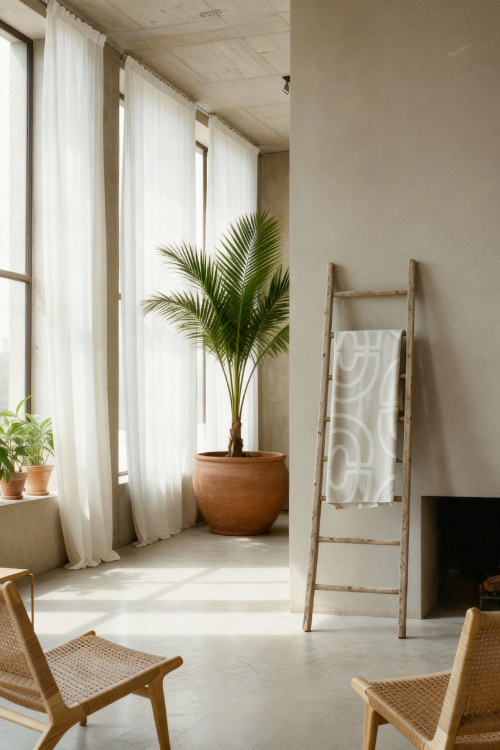 Villa Aburi Krado Knit Blanket hanging on a stand