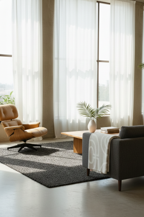 Villa Aburi Krado Knit Blanket in a styled mid-century modern room