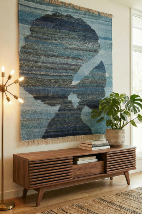 Wooden console table with decorative items against a wall with a large African Queen tapestry.