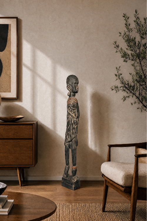 African female warrior sculpture by Tekura, featuring intricate design and traditional African art elements.