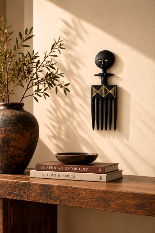 A black akuaba wall-mounted decorative comb with a stylized face hangs on a beige wall above a wooden console table. The scene includes a large brown vase with dried branches, a small bowl, and stacked books, with warm sunlight casting leaf shadows across the wall.