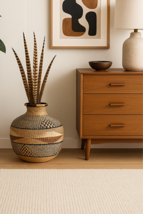 Wooden dresser with a vase and abstract art in a room setting with a Baba Tree Jemima 10 Cows Basket in Brown, Black and Cream geometric design.