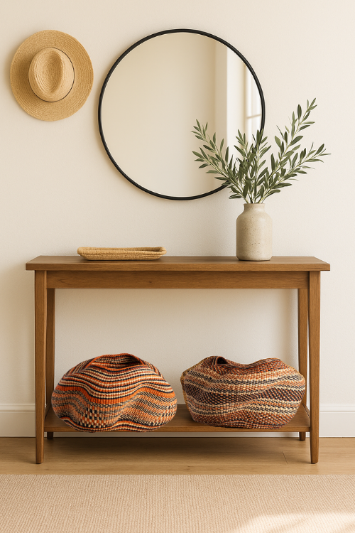 Wooden console table with decorative items including a mirror, plant, and Baba Tree Pebble Art Basket - Golden Coast and Pebble Art Basket - Gurunsi in earth tones.