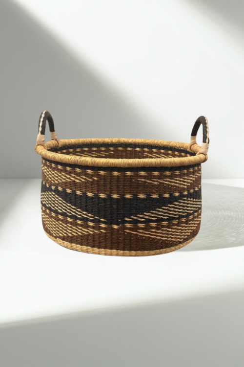 Baba-Tree-Woven-Basket-Half-Tub-Medium-Ancestral-Weave with handles on a light gray background